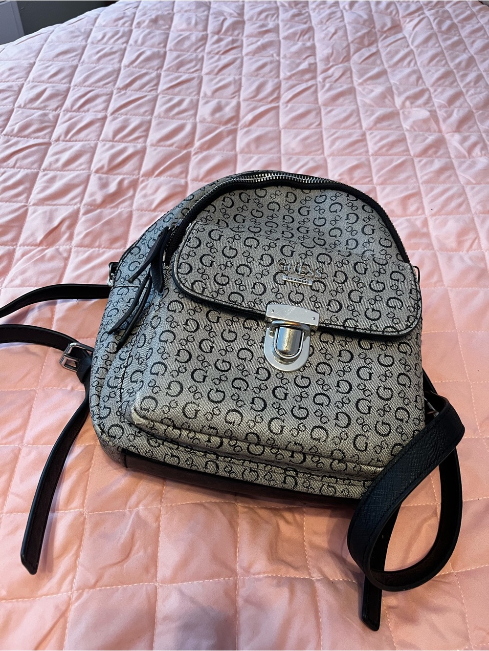 Guess Gray Logo Mini Backpack with Silver Hardware